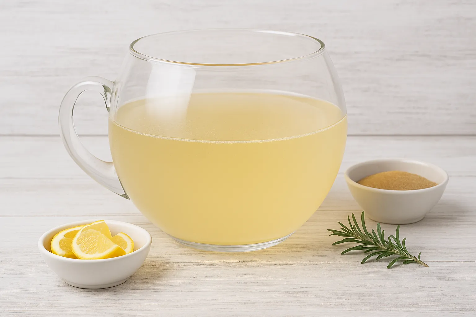 Glasgefäß mit Mondschein-Bowle aus Wein, Süßwein und Sekt auf hellem Holzuntergrund