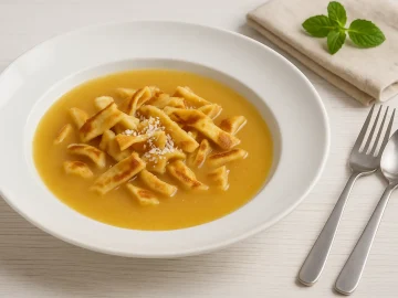 Mostsuppe mit Apfelmost und Eierkuchenstreifen in weißem Teller auf Holzhintergrund