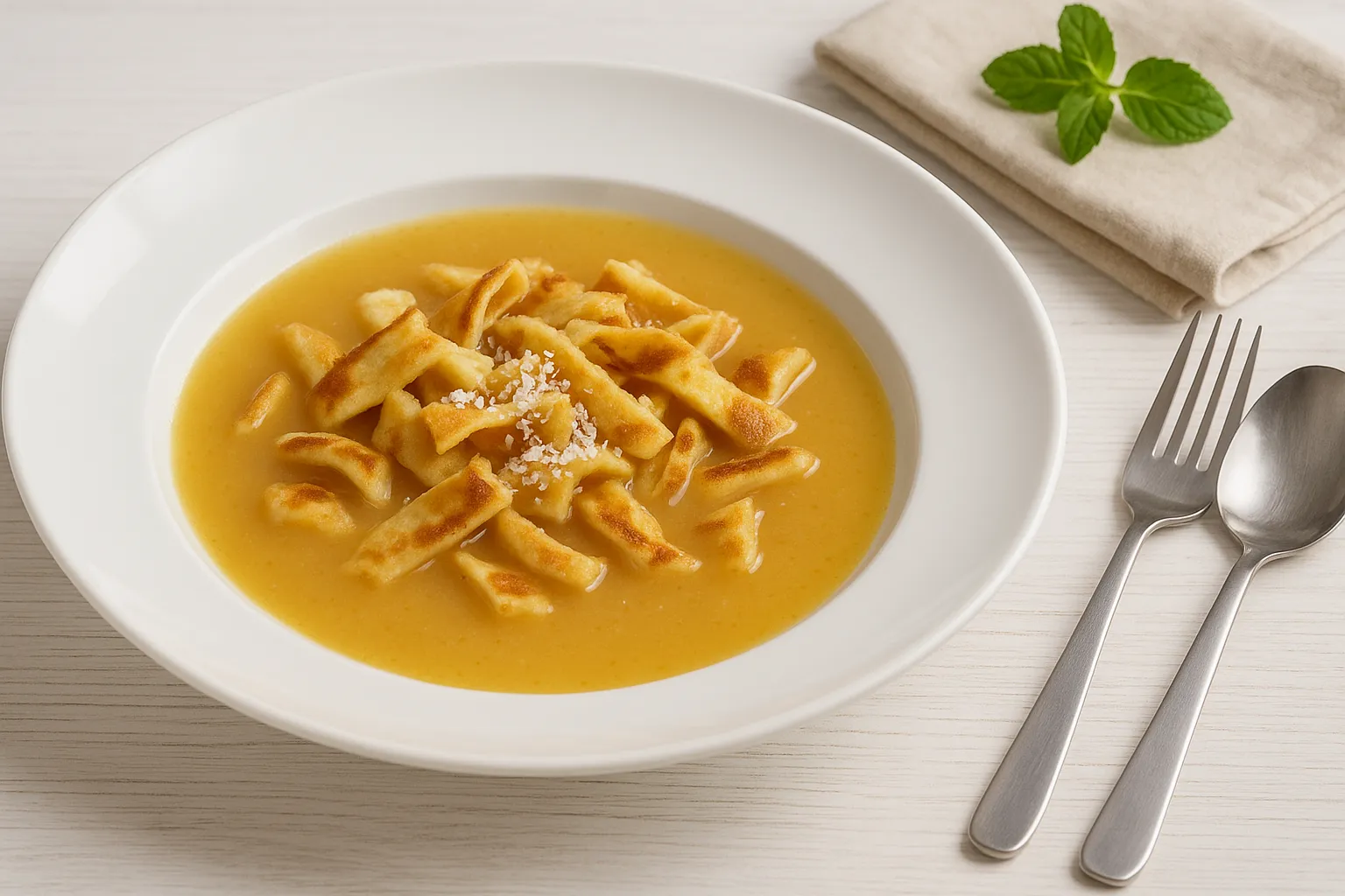 Mostsuppe mit Apfelmost und Eierkuchenstreifen in weißem Teller auf Holzhintergrund