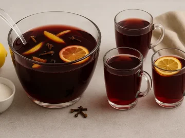 Glas-Schale mit tiefrotem Nachtschwärmer-Punsch, Zitronenscheiben und Gewürzen, daneben drei Gläser, Zuckerschale und Zitrone.