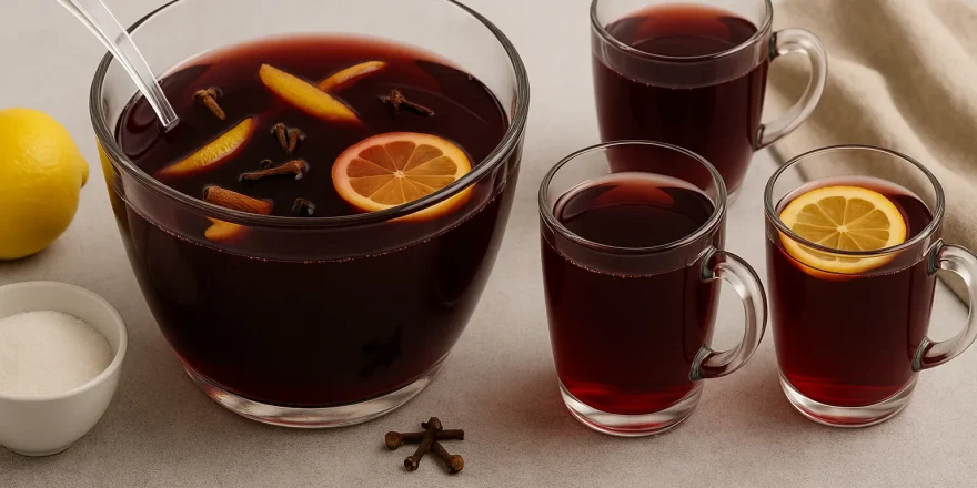 Glas-Schale mit tiefrotem Nachtschwärmer-Punsch, Zitronenscheiben und Gewürzen, daneben drei Gläser, Zuckerschale und Zitrone.