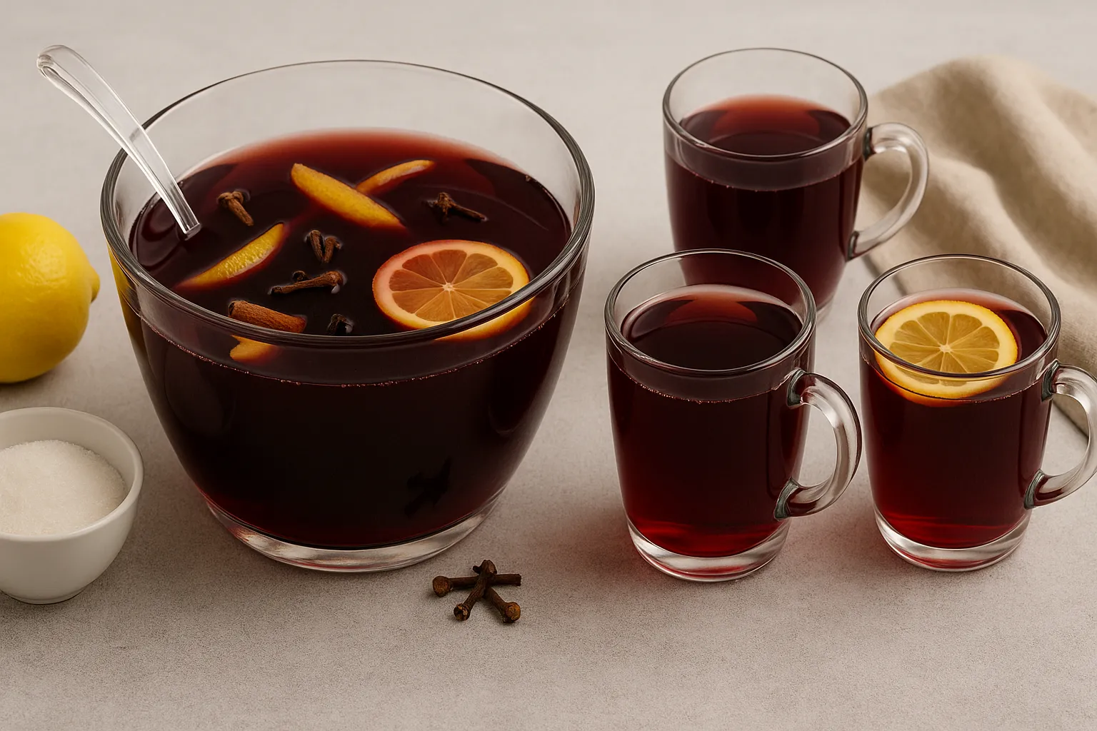Glas-Schale mit tiefrotem Nachtschwärmer-Punsch, Zitronenscheiben und Gewürzen, daneben drei Gläser, Zuckerschale und Zitrone.