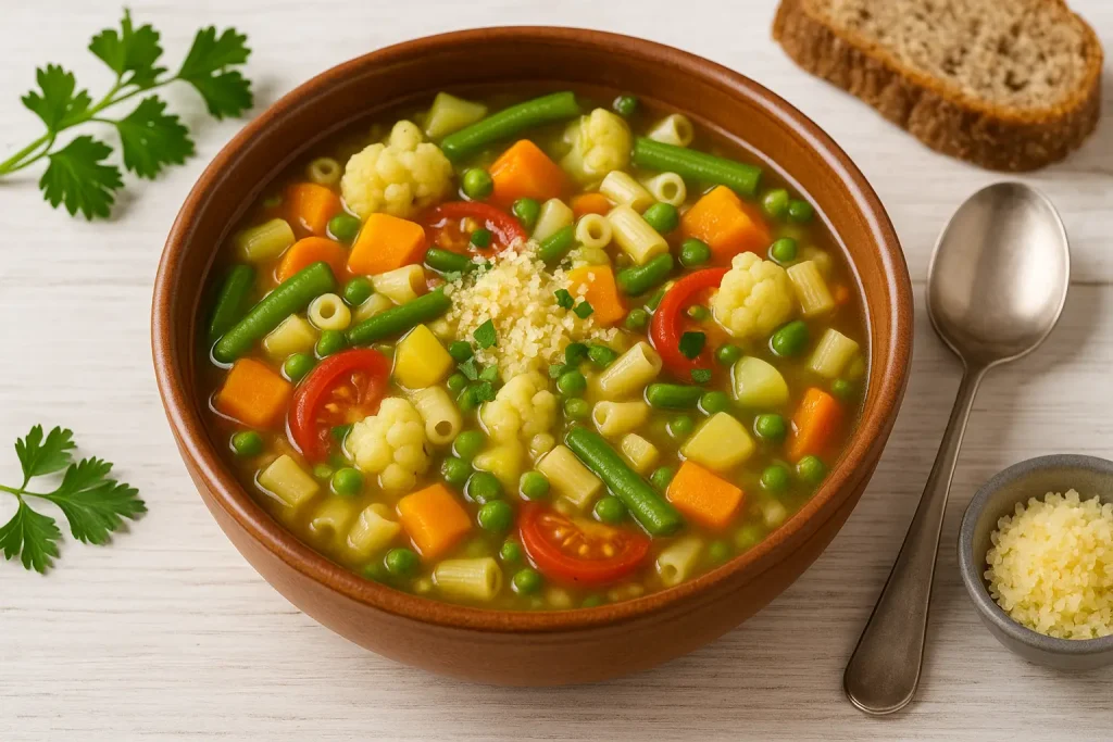  Neapolitanische Gemüsesuppe mit buntem Gemüse, Makkaroni und geriebenem Käse in rustikaler Schüssel.