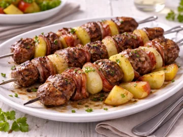 Weiße Servierplatte mit gegrillten Nierenspießen aus Nierenwürfeln, Speck, Zwiebeln und Apfelstücken auf weißem Holzhintergrund