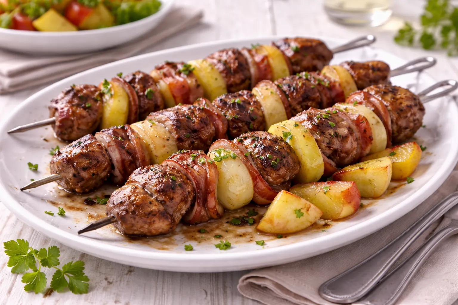 Weiße Servierplatte mit gegrillten Nierenspießen aus Nierenwürfeln, Speck, Zwiebeln und Apfelstücken auf weißem Holzhintergrund