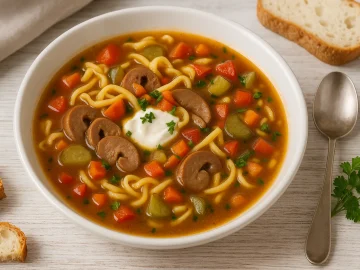 Nierensuppe mit Nudeln, Gurken, Tomaten und Nierenscheiben in weißem Teller, serviert mit Suppengrün, Löffel und Brot auf weißem Holztisch