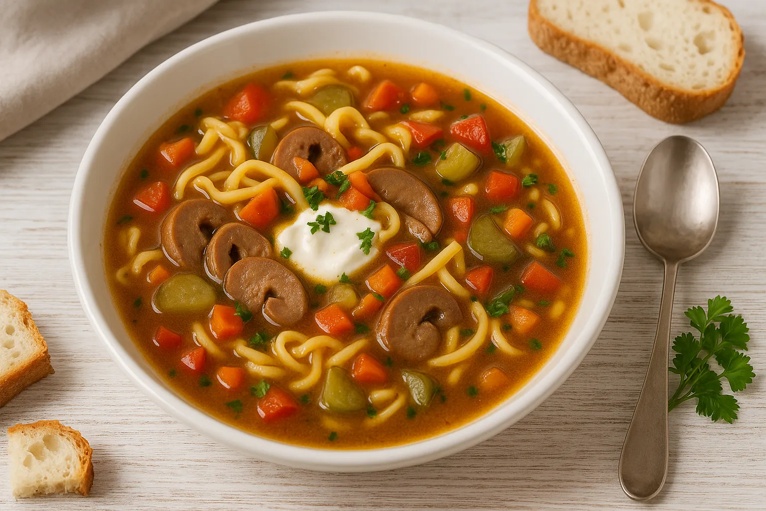 Nierensuppe mit Nudeln, Gurken, Tomaten und Nierenscheiben in weißem Teller, serviert mit Suppengrün, Löffel und Brot auf weißem Holztisch