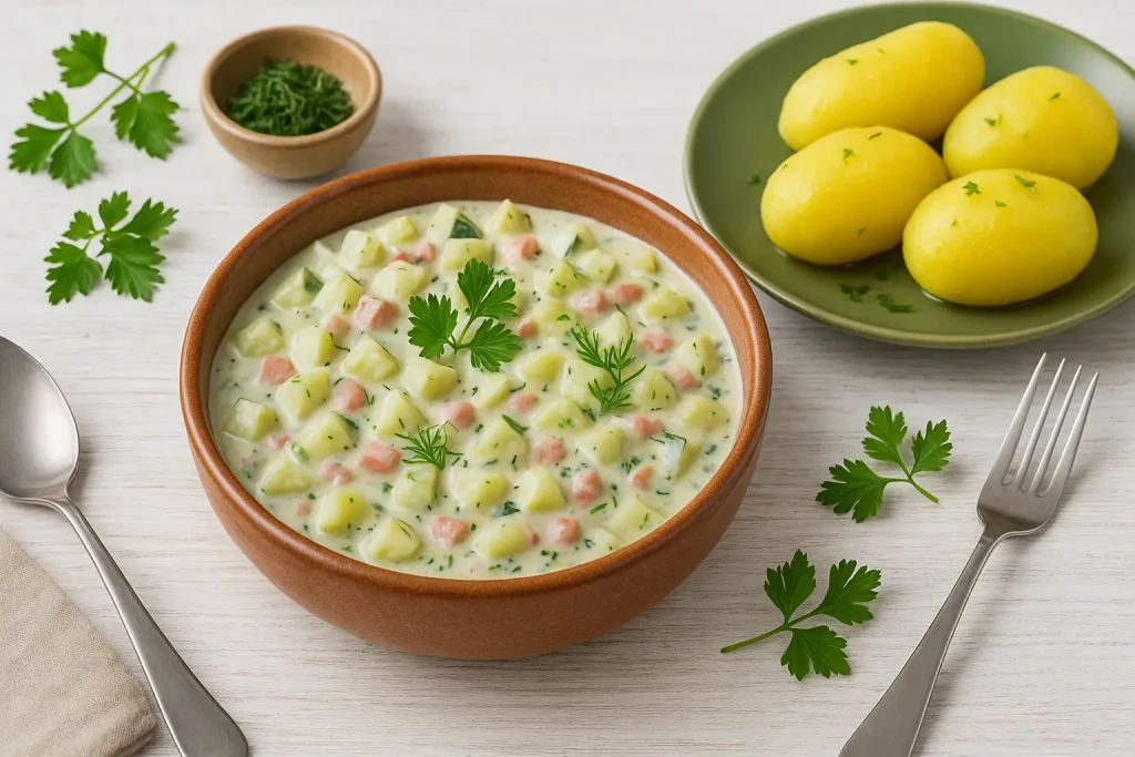  Nordisches Gurkengemüse mit Schinkenspeck, Sahnesoße und frischen Kräutern in rustikaler Schale, dazu Salzkartoffeln.
