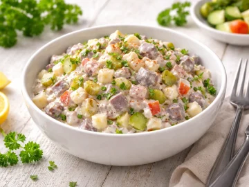 Heringssalat mit Apfel und Gurke in Schüssel auf hellem Holztisch angerichtet