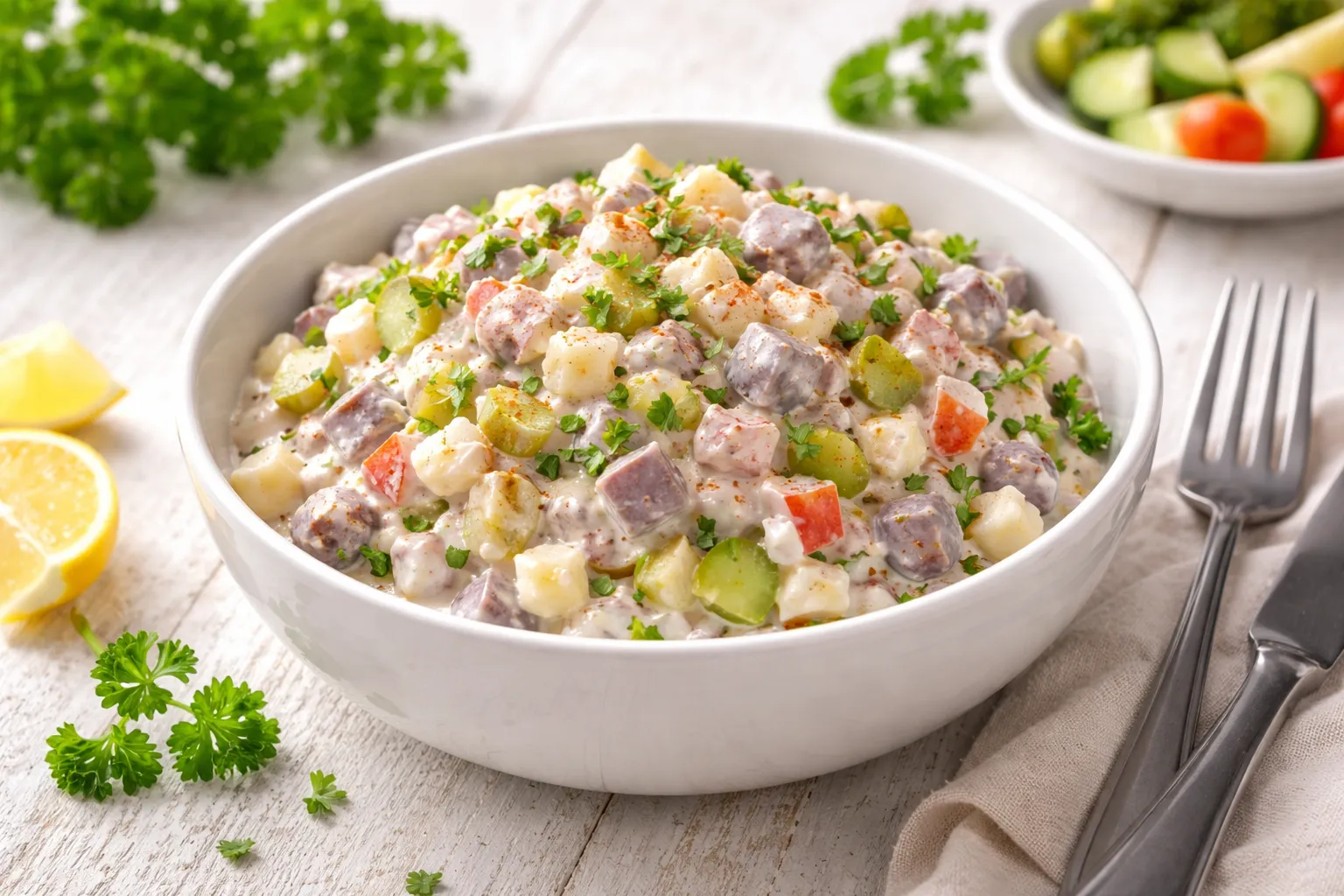 Heringssalat mit Apfel und Gurke in Schüssel auf hellem Holztisch angerichtet
