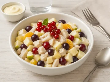 Obst-Fischsalat mit frischem Obst, Fischfilet und Mayonnaise-Joghurt-Sauce, dekoriert mit Früchten in weißer Schüssel