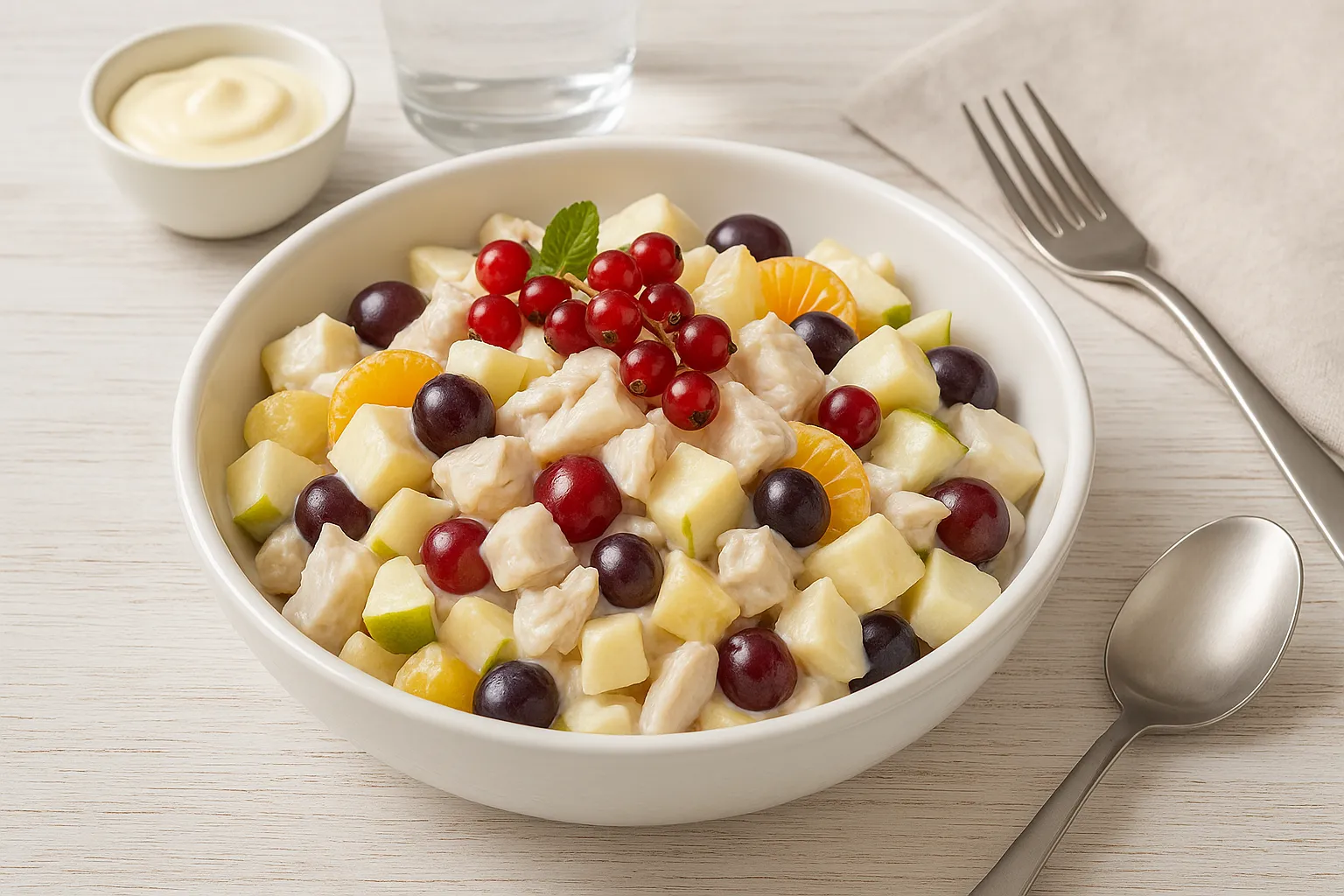 Obst-Fischsalat mit frischem Obst, Fischfilet und Mayonnaise-Joghurt-Sauce, dekoriert mit Früchten in weißer Schüssel