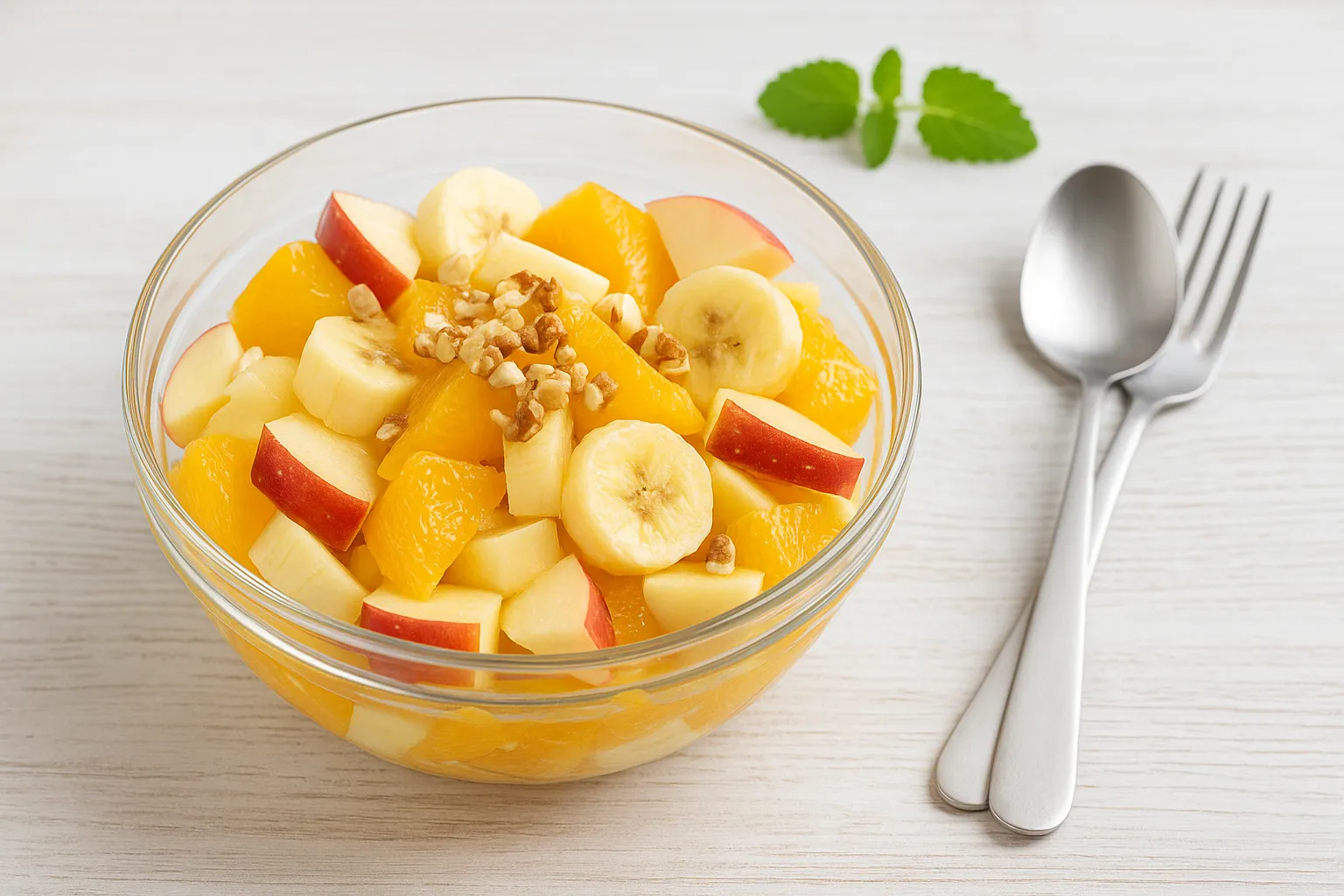 Obstsalat Amor mit Äpfeln, Bananen, Orangen, Ananas und Nüssen in einer Glasschale serviert