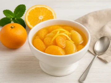 Orangen- und Mandarinenkompott in weißer Dessertschale mit feiner Deko auf Holztisch