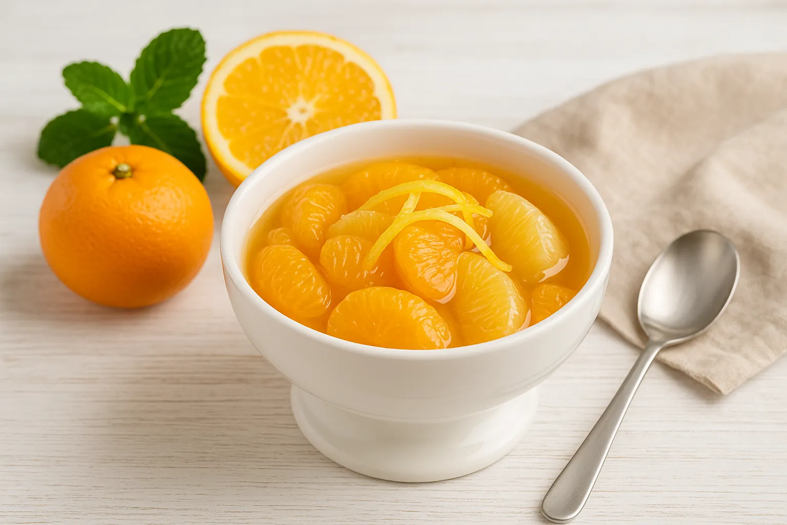 Orangen- und Mandarinenkompott in weißer Dessertschale mit feiner Deko auf Holztisch