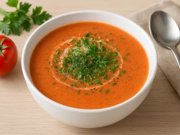 Osloer Tomatensuppe mit Tomaten, Milch und frischen Kräutern in einer weißen Suppenschüssel serviert