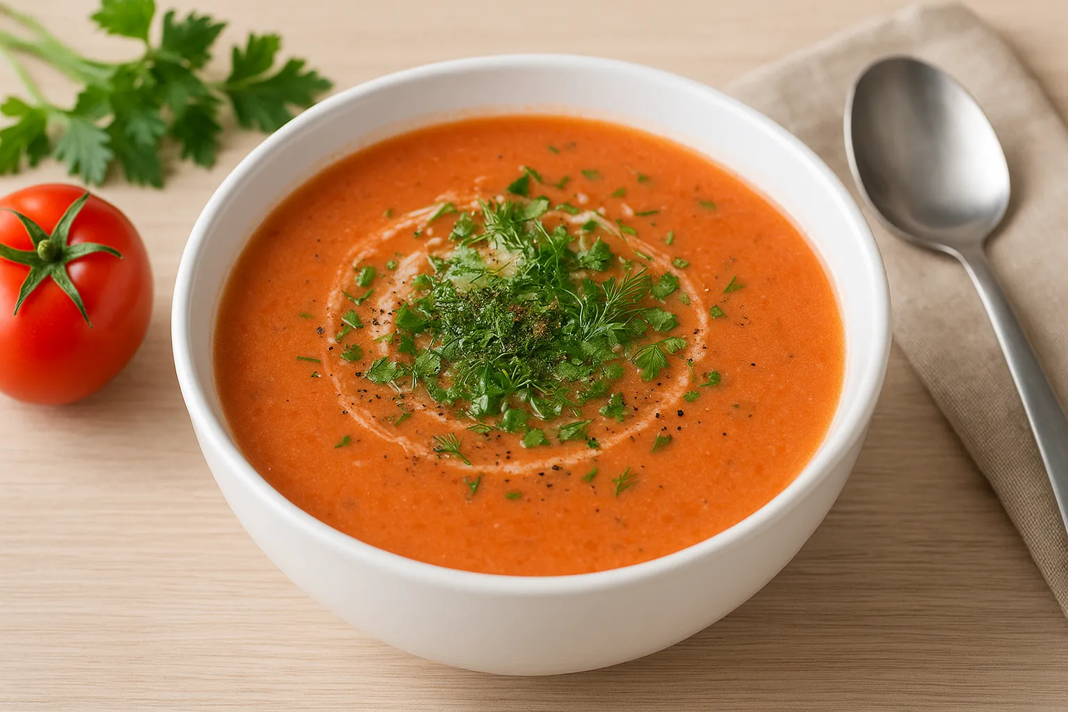 Osloer Tomatensuppe mit Tomaten, Milch und frischen Kräutern in einer weißen Suppenschüssel serviert