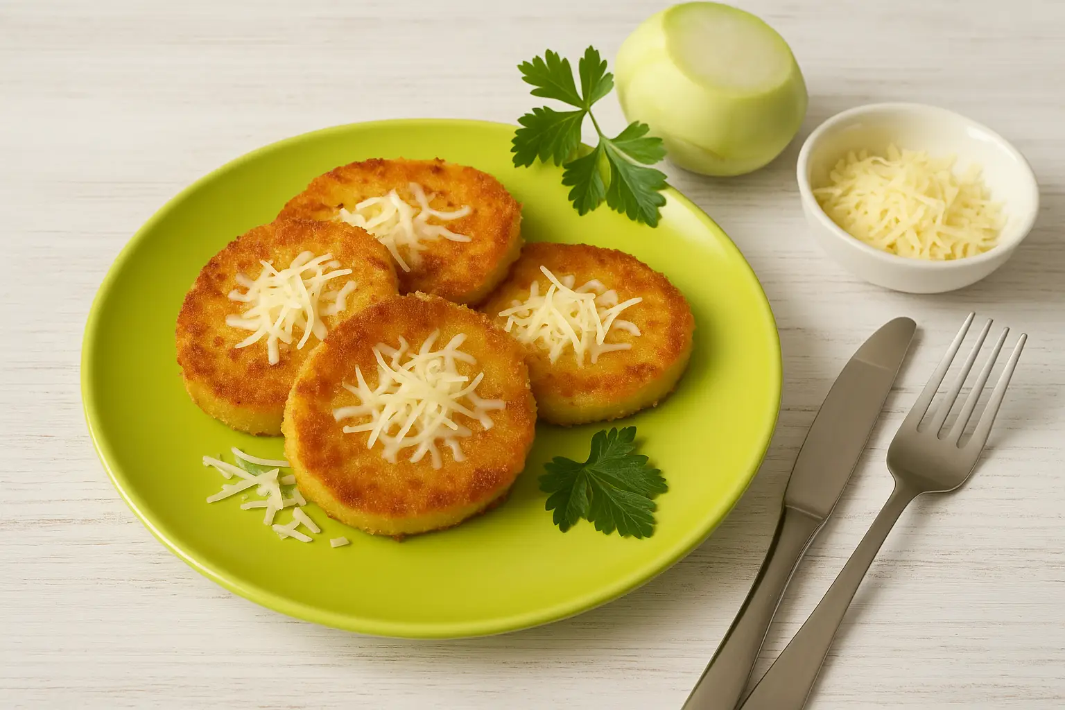 Panierter Kohlrabi mit Käse, goldbraun gebraten, serviert auf buntem Teller, garniert mit Kräutern und Käse.