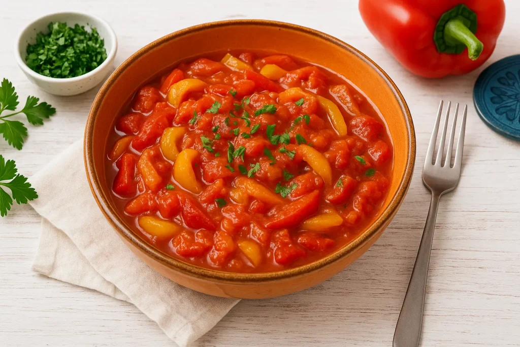  Paprika-Tomaten-Gemüse in orangefarbener DDR-Schüssel auf weißem Holztisch, daneben Petersilie und Besteck, alles in freundlichem, hellem Stil dekoriert.
