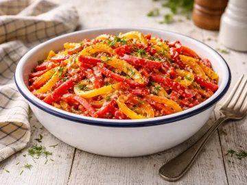 Bunter Paprikasalat in Emaille-Schüssel mit Dill auf weißem Holztisch angerichtet