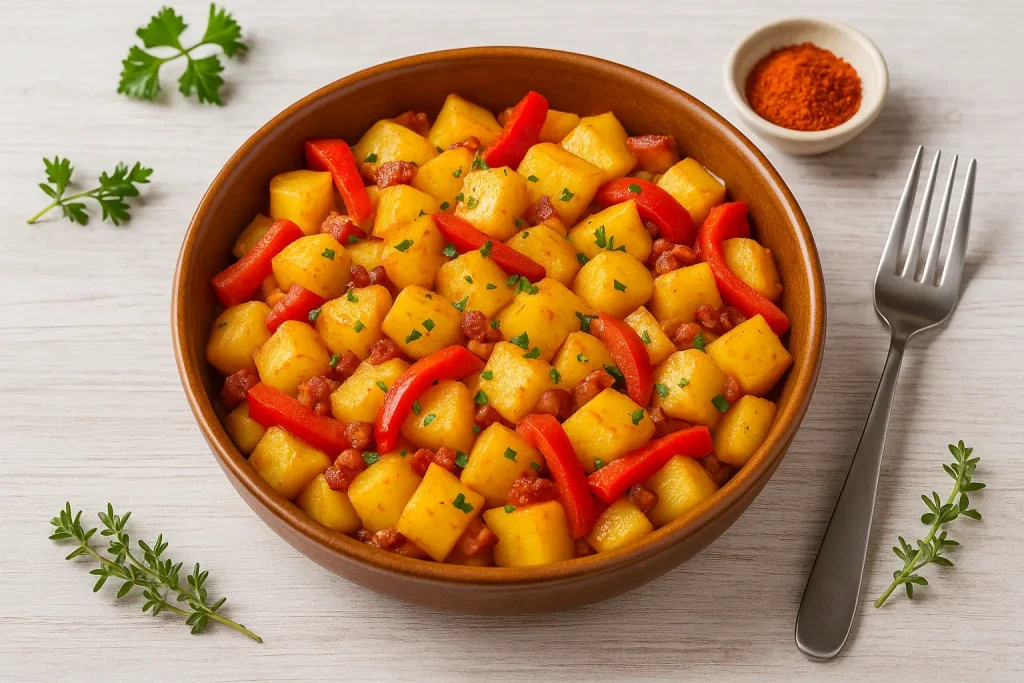 Paprikakartoffeln mit Speck und bunten Paprikastreifen, angerichtet in rustikaler Schale.
