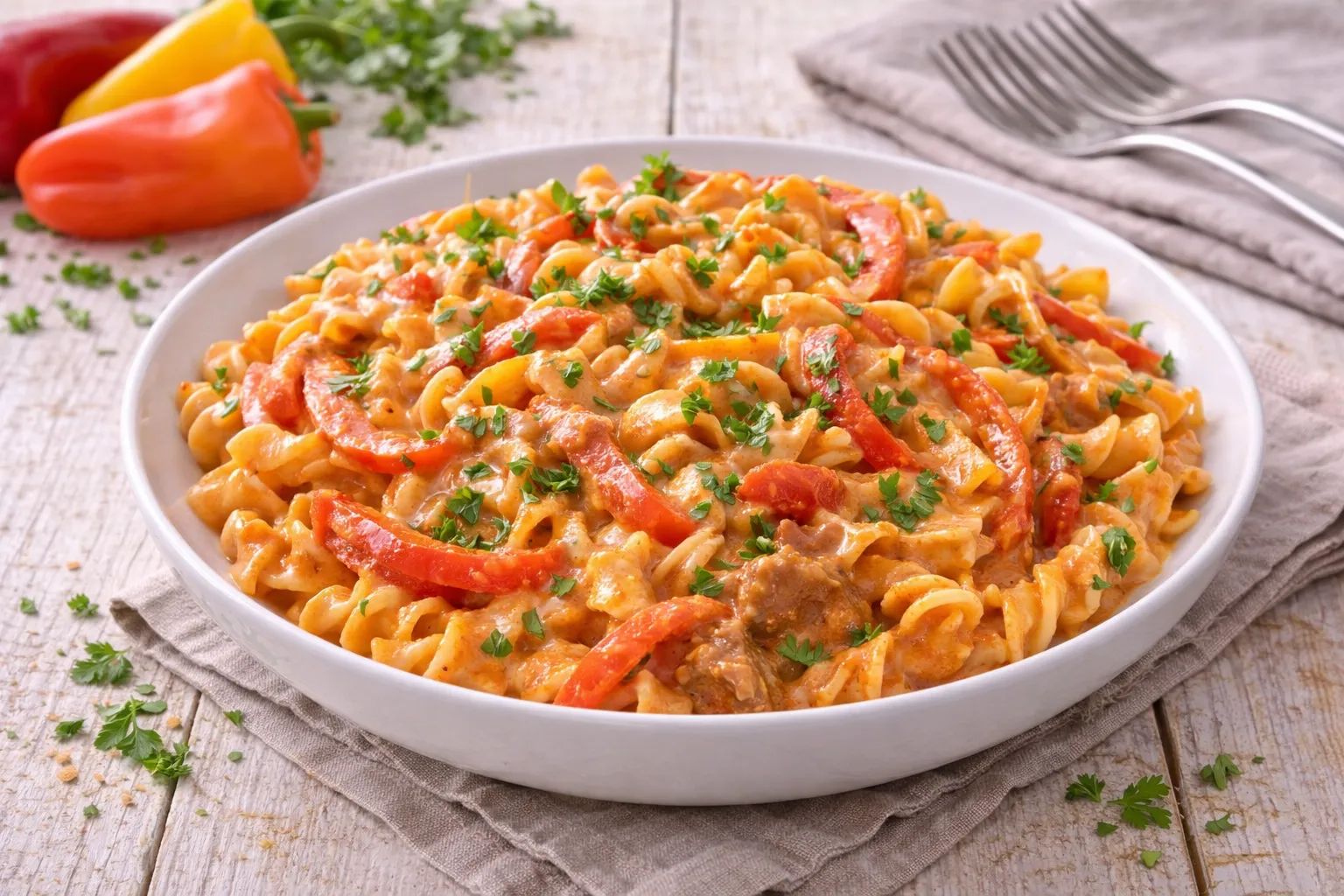 Paprikanudeln mit Paprikastreifen und cremiger Soße auf weißem Teller