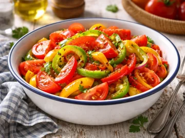Frischer Paprikasalat mit Tomaten in weißer Emaille-Schüssel auf hellem Holztisch