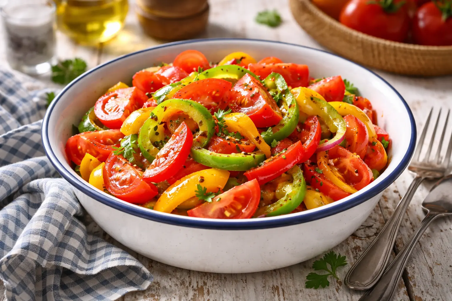 Frischer Paprikasalat mit Tomaten in weißer Emaille-Schüssel auf hellem Holztisch