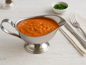 Edelstahlsauciere mit cremiger Paprikasoße aus Paprikamark, Sahne, Ei und Mixed Pickles auf hellem Holzhintergrund