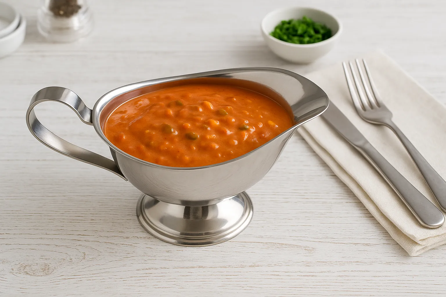 Edelstahlsauciere mit cremiger Paprikasoße aus Paprikamark, Sahne, Ei und Mixed Pickles auf hellem Holzhintergrund