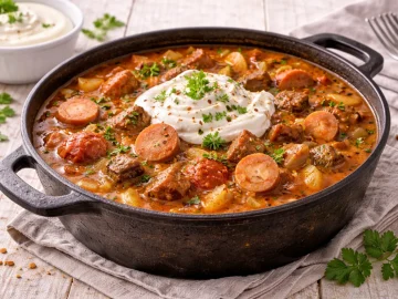 Partytopf mit Bockwürsten, Gulasch und cremiger Soße in rustikalem Topf