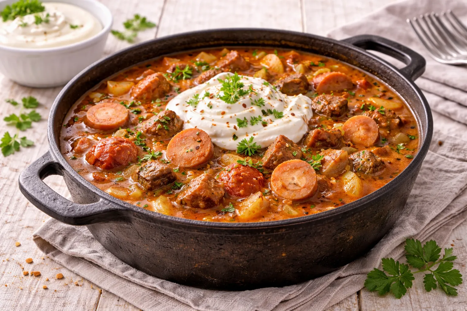Partytopf mit Bockwürsten, Gulasch und cremiger Soße in rustikalem Topf