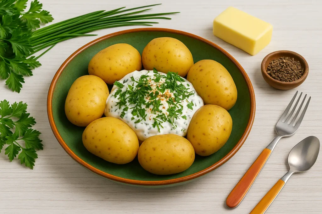 Pellkartoffeln mit Quarkdip und frischen Kräutern auf grünem DDR-Teller, dekorativ angerichtet auf weißem Holztisch.