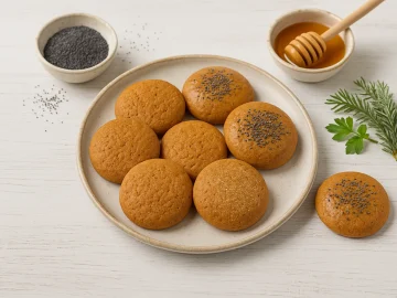 Frisch gebackene Pfefferkuchen auf hellem Holz angerichtet