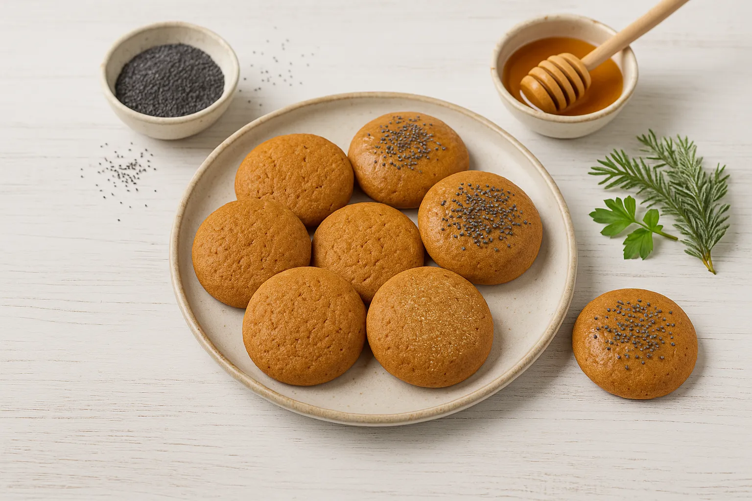 Frisch gebackene Pfefferkuchen auf hellem Holz angerichtet