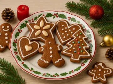 Weihnachtlich dekorierte Pfefferkuchen mit Mandeln und Zuckerguss auf festlichem Teller mit Weihnachtsdeko