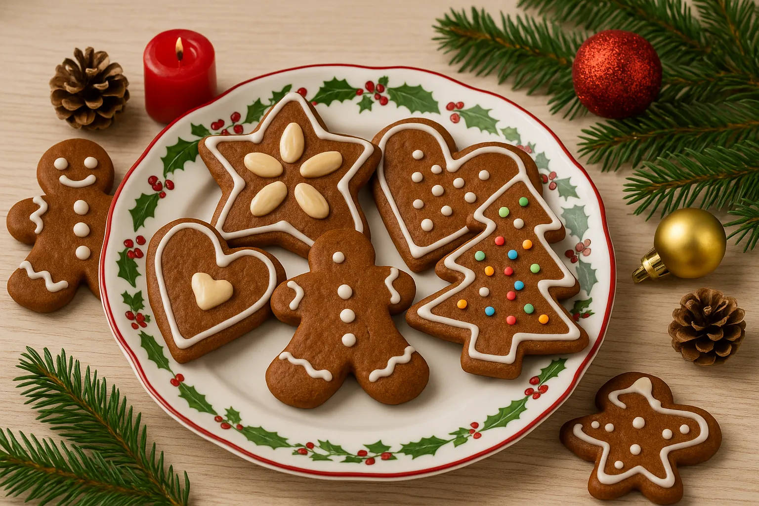 Weihnachtlich dekorierte Pfefferkuchen mit Mandeln und Zuckerguss auf festlichem Teller mit Weihnachtsdeko
