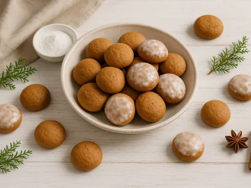 Frisch gebackene Pfeffernüsse mit Glasur auf hellen Untergrund angerichtet