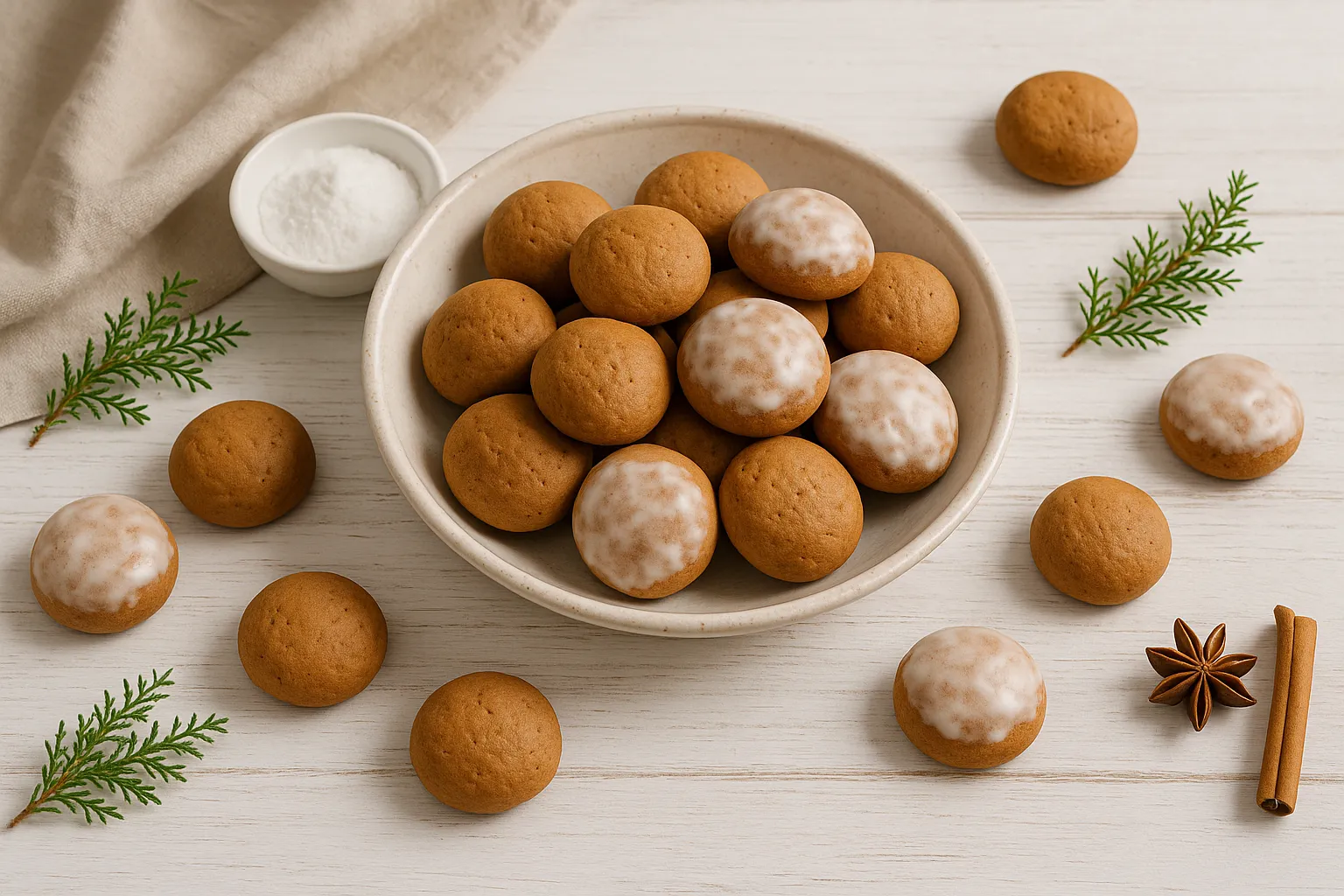 Frisch gebackene Pfeffernüsse mit Glasur auf hellen Untergrund angerichtet