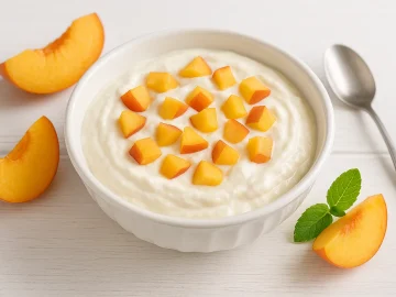 Pfirsich-Quark-Speise in einer weißen Schüssel mit frischen Pfirsichstücken auf weißem Holztisch