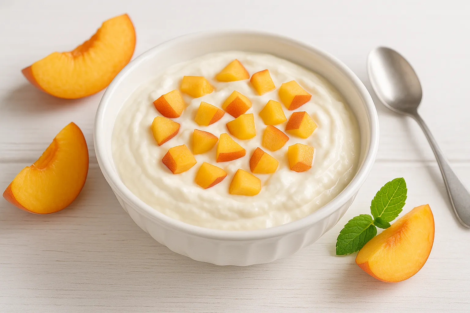 Pfirsich-Quark-Speise in einer weißen Schüssel mit frischen Pfirsichstücken auf weißem Holztisch