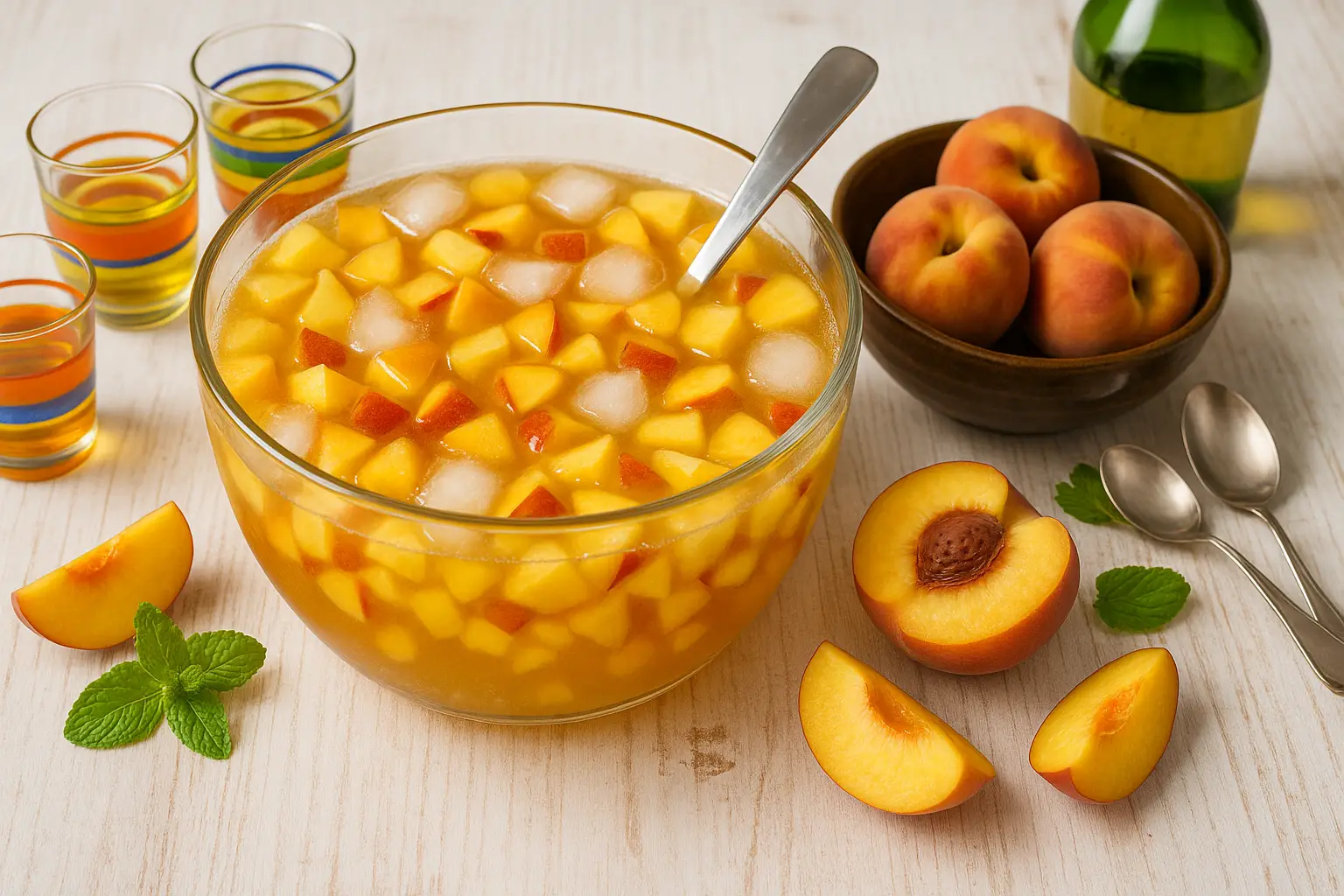  Gläserne Bowleschale mit Pfirsichbowle, Pfirsichwürfeln und Eis auf hellem Holztisch, bunte Gläser und Pfirsiche als Deko.