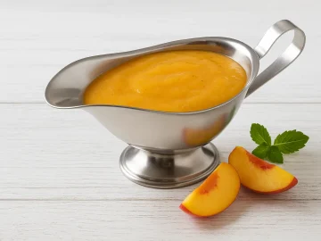 Fruchtige Pfirsichsoße in Edelstahlsauciere, serviert auf weißem Holztisch