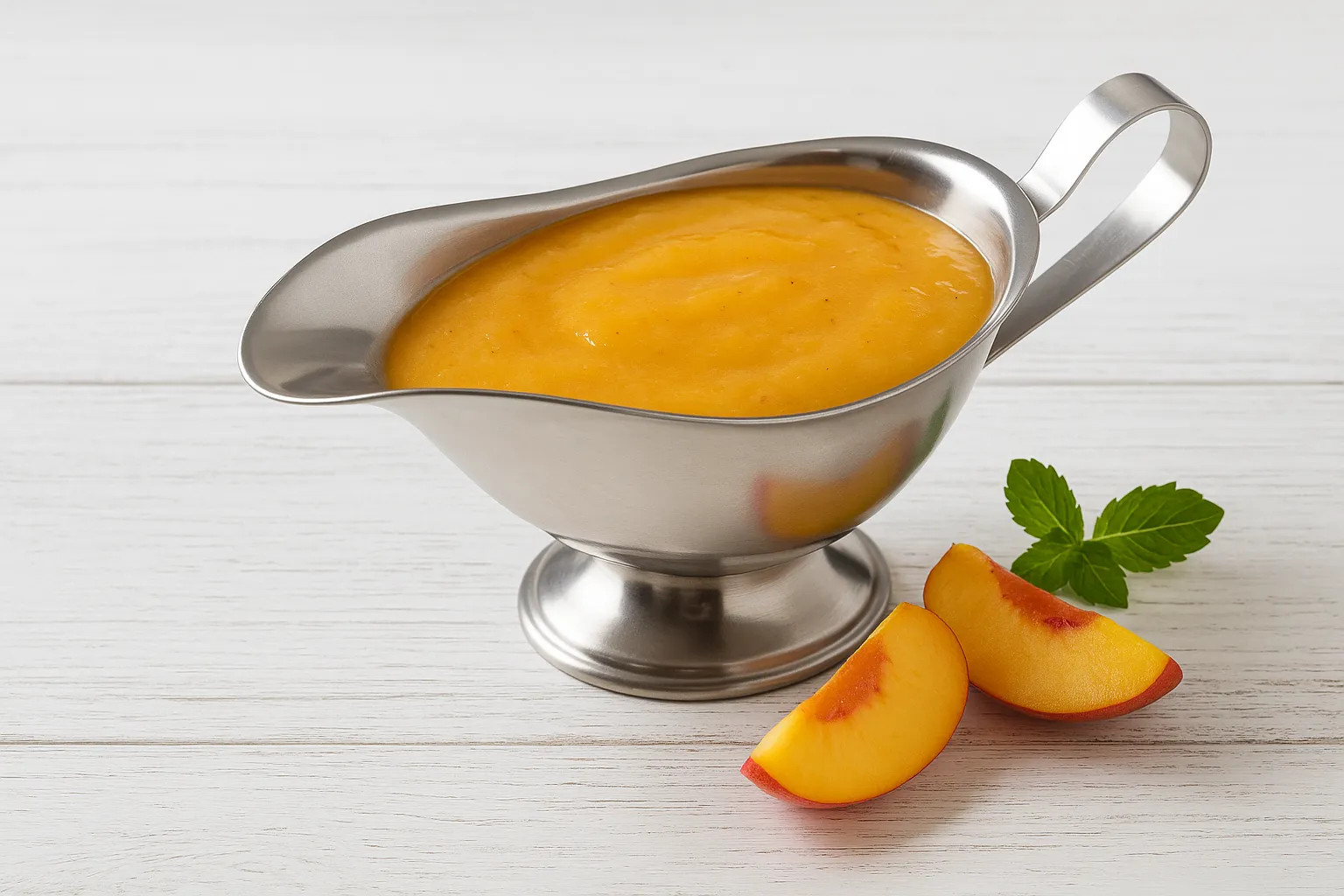 Fruchtige Pfirsichsoße in Edelstahlsauciere, serviert auf weißem Holztisch