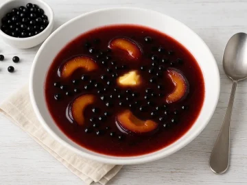 Pflaumen-Holunder-Suppe mit Pflaumenhälften und Holunderbeeren in weißem Teller serviert