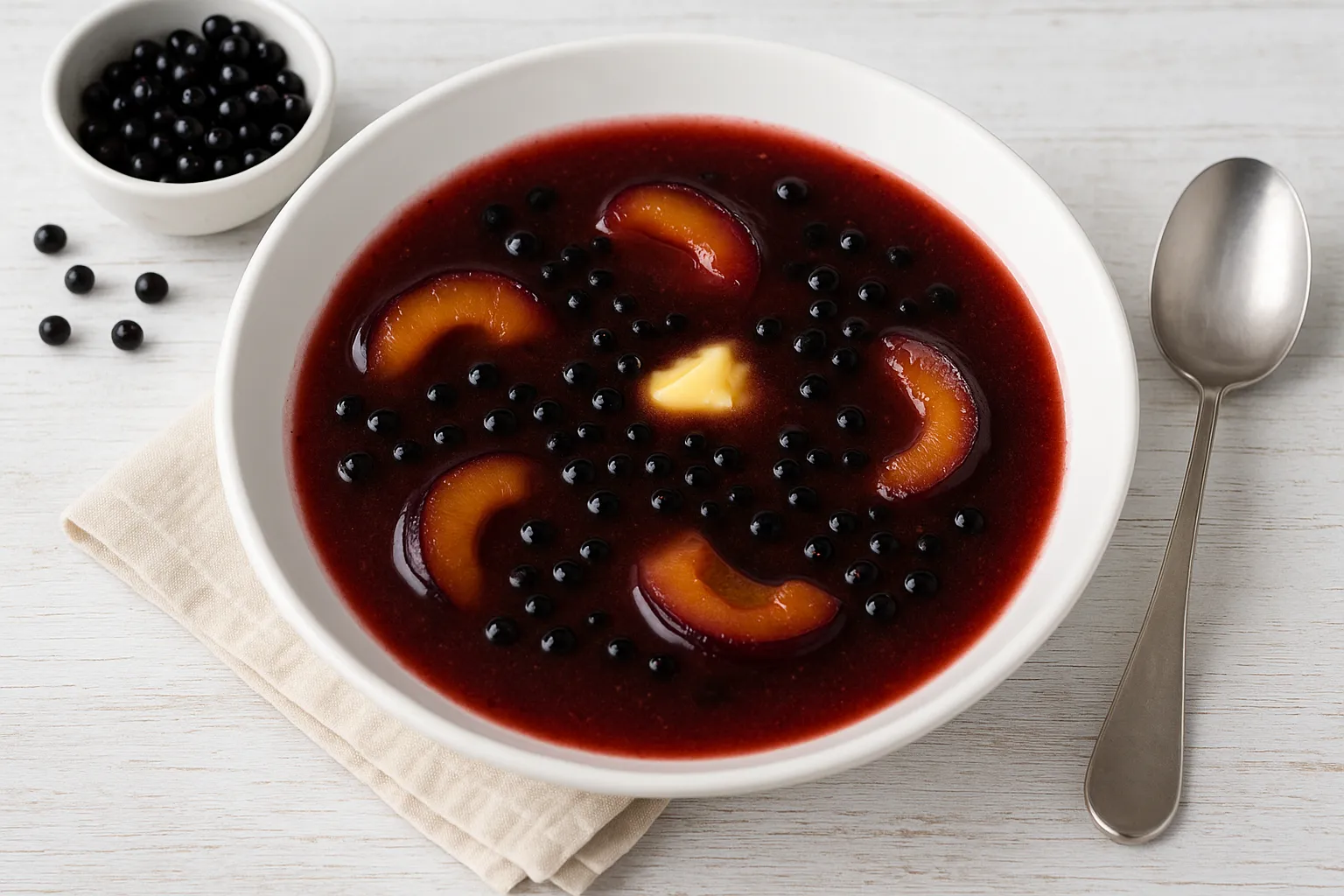 Pflaumen-Holunder-Suppe mit Pflaumenhälften und Holunderbeeren in weißem Teller serviert