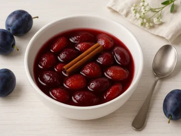 Pflaumenkompott in weißer DDR-Schale, dekoriert mit Zimtstange und frischen Pflaumen auf hellem Holztisch