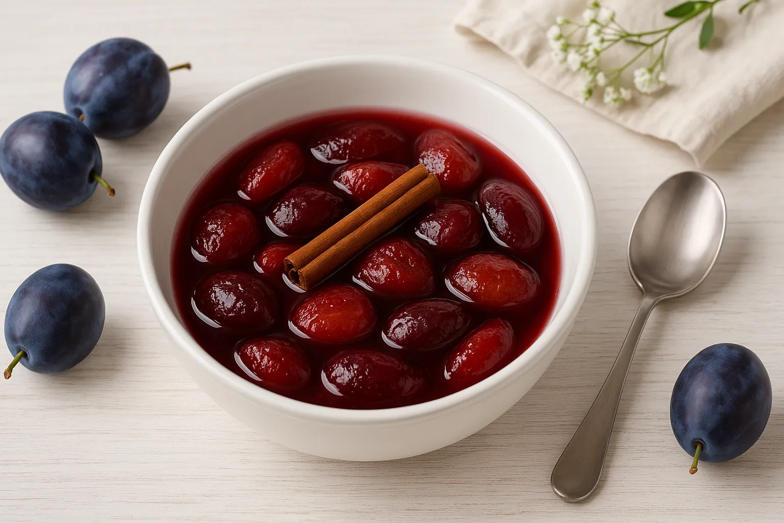 Pflaumenkompott in weißer DDR-Schale, dekoriert mit Zimtstange und frischen Pflaumen auf hellem Holztisch