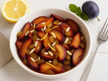 Pflaumensalat mit Mandeln, Sultaninen und Rum in weißer Schüssel auf Holztisch