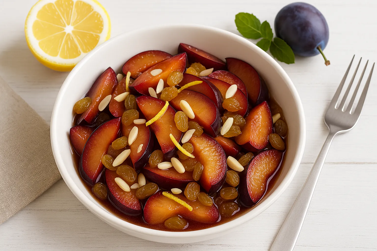Pflaumensalat mit Mandeln, Sultaninen und Rum in weißer Schüssel auf Holztisch
